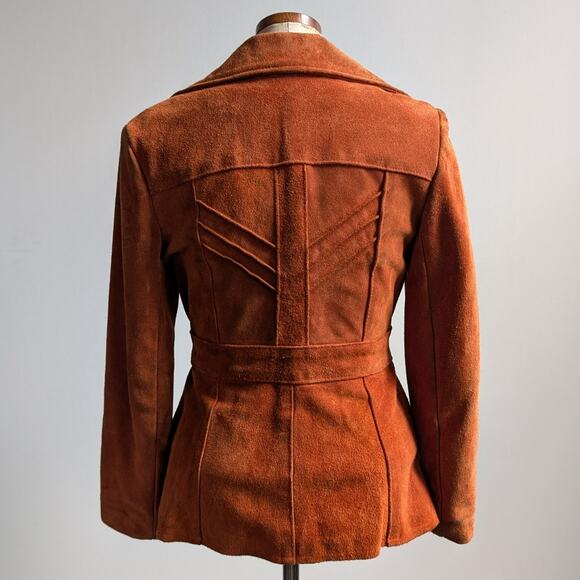 Vintage Orange Brown Suede Jacket Belted Leather Coat Western Rust Red 70s Small - Picture 2 of 10